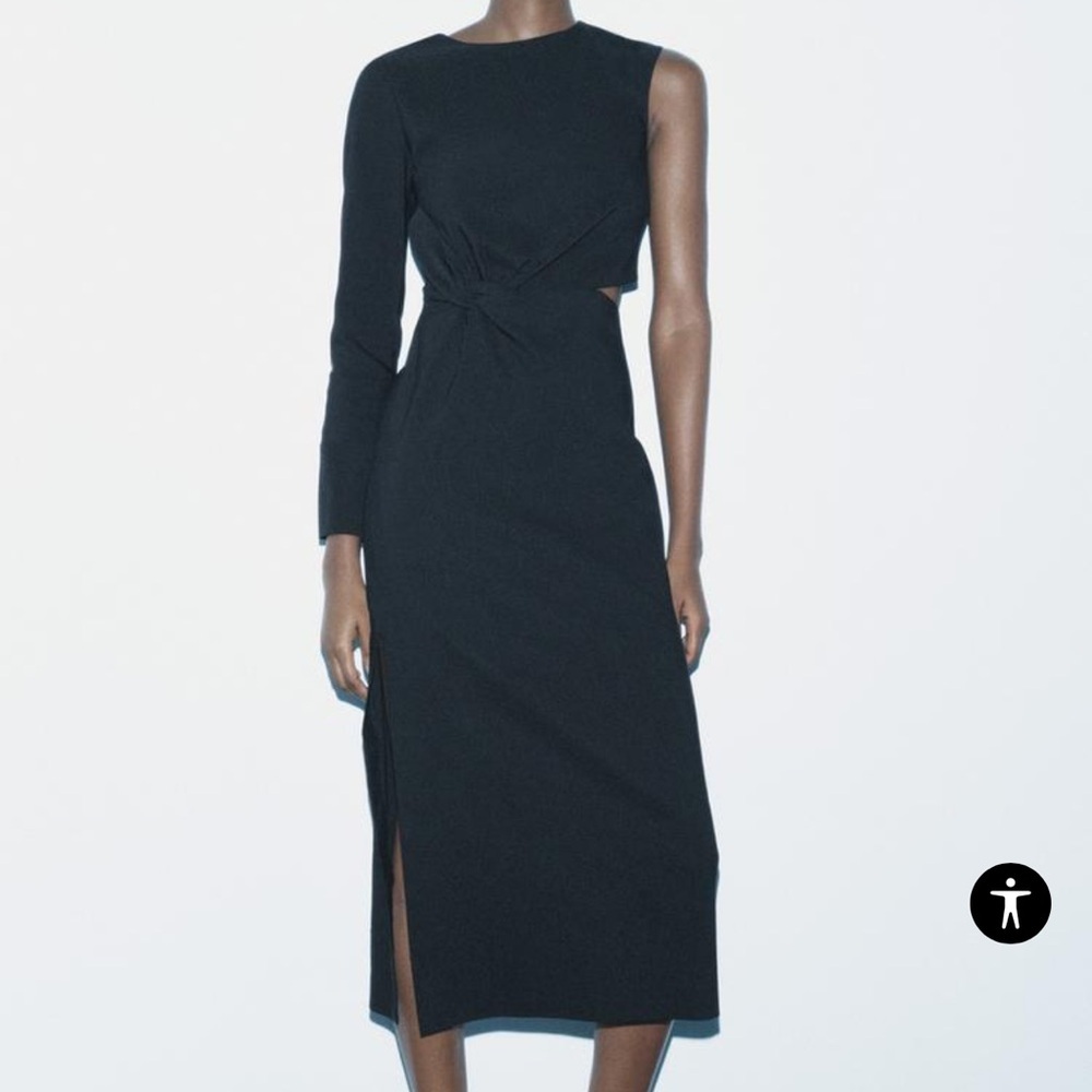 Zara Midi Dress Women’s S Black Cut Out One Shoulder Stretch New 9304/459 - Picture 2 of 12